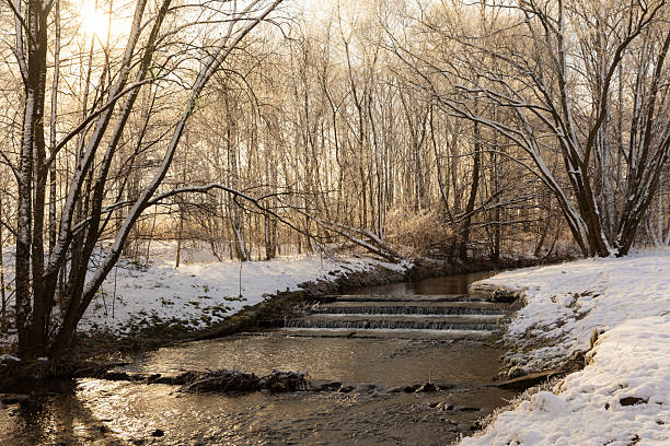 Winter and frosty landscape on a river with cascades, Poland, natural background or wallpaper with a nature theme for your design