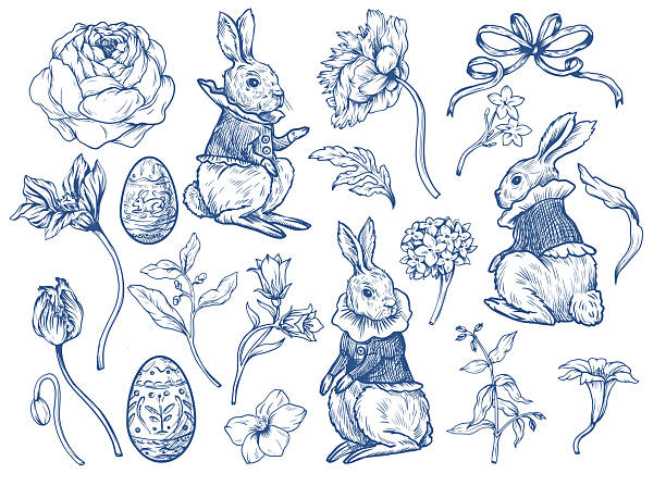 Easter rabbit vector set with eggs flowers and ribbons vintage isolated holiday illustration.