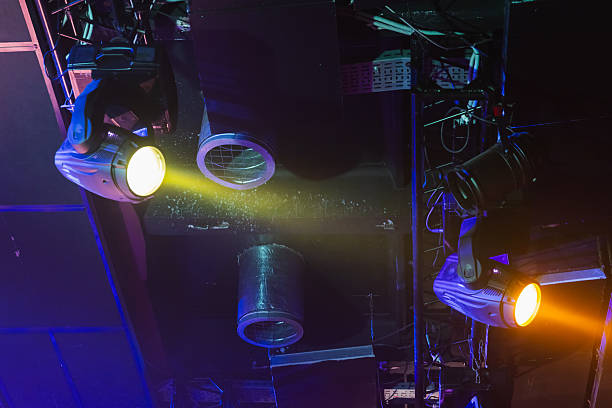 istock Vibrant stage lighting setup featuring purple and yellow spotlights 2249225072