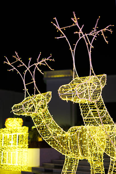 istock Illuminated reindeer sculptures with twinkling lights at night 2249230103