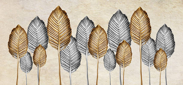 Drawing silver, golden, blue and yellow tree leaves feathers on light beige background. 3d canvas wall art for wall decor artwork