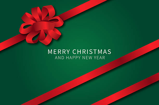 istock Merry Christmas Card Template With A Shiny Bow & Ribbon On A Green Base 2249235884