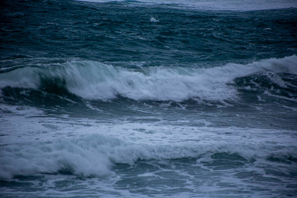 Beautiful waves striking a wall and throwing spray into the wind.