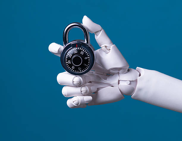 istock Security Control: AI Robotic Hand Grasping Combination Lock on Dark Blue Background 2249264195