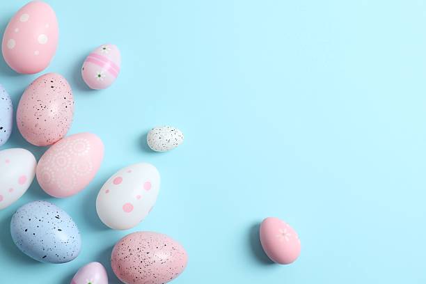 istock Happy Easter. Colorful eggs on color background, space for text or advertising 2249269491