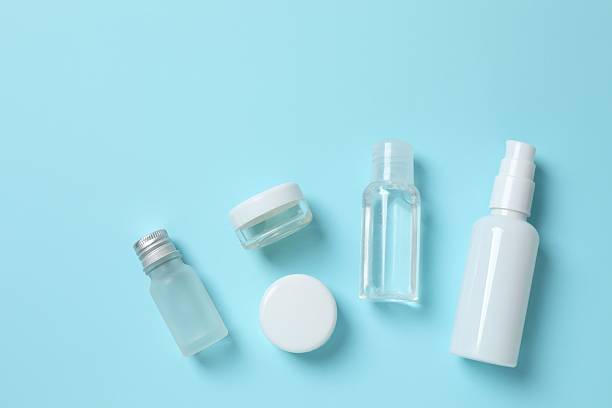 istock Set of cosmetics on a blue background, top view 2249269687