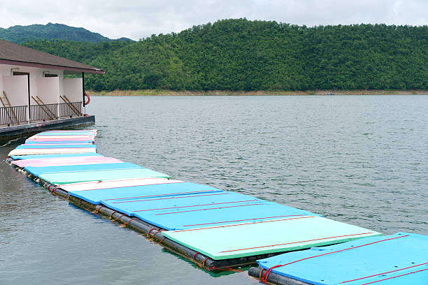 A colorful floating pontoon walkway extends from a building on stilts into a tranquil lake, with lush green mountains under a cloudy sky in the background. Peaceful waterside recreation.
