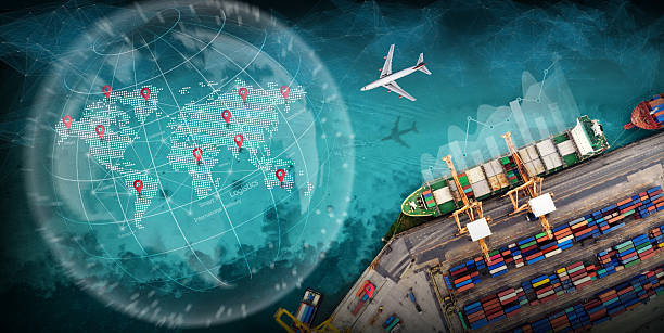 istock Aerial view and top view cargo plane flying above ship port coverage world map import-export business and logistics international goods. Shipping cargo to harbor by crane 2249275941