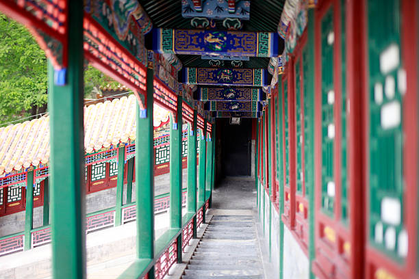 istock Traditional Chinese corridor with colorful decorations and green pillars 2249278155