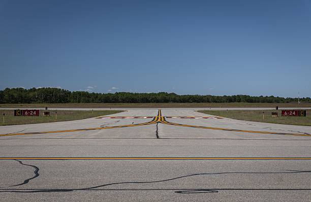 A clear runway at an airport with a blue sky and surrounding greenery, showcasing runway signs and markings.