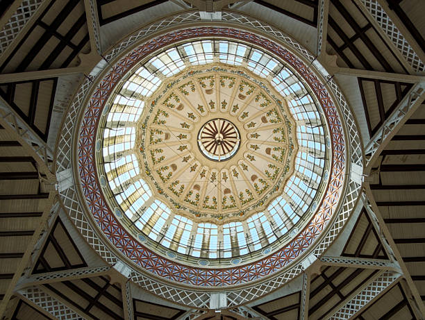Indoor view of the dome of Mercado Central in the Ciutat Vella of Valencia, Spain.