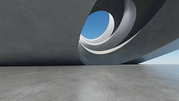 istock Abstract curved architecture background, Empty exterior space with concrete floor, Futuristic modern building for car presentation backdrop, 3d rendering 2249282192