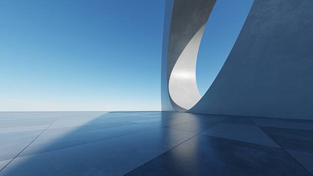 istock Abstract curved architecture background, Empty exterior space with concrete floor, Futuristic modern building for car presentation backdrop, 3d rendering 2249282202