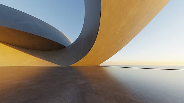 istock Abstract curved architecture background, Empty exterior space with concrete floor, Futuristic modern building for car presentation backdrop, 3d rendering 2249282209