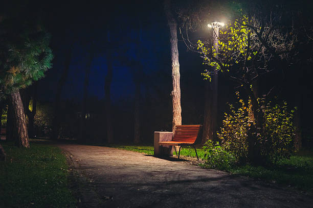 Park bench at night in autumn, cold and rainy weather.