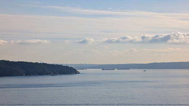 Tranquil Peaceful Ocean Inlet with Forested Shoreline, Horizon Vessels with Tree Silhouette and Partly Cloudy Sky