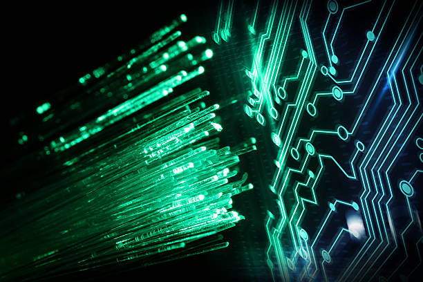 istock Optical fiber strands and circuit board, double exposure 2249287749
