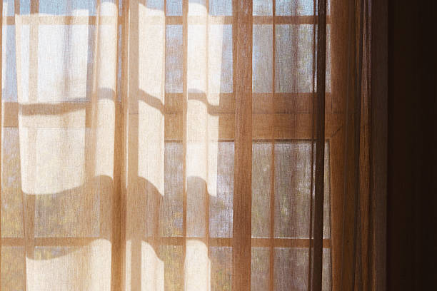 istock Sheer brown curtains in window with soft light and shadows creating a warm atmosphere 2249288325