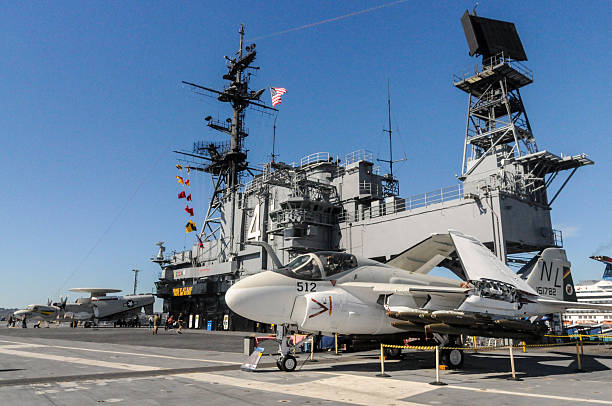 San Diego, United States - November 11, 2010. Outdoor scene showing historic aircraft parked on the USS midway aircraft carrier in the San Diego Harbour.