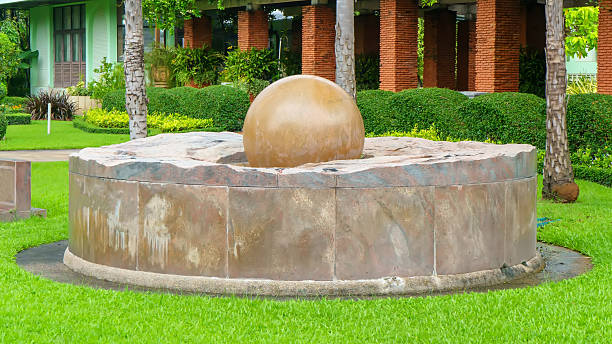 Circular stone fountain featuring a large smooth sphere centerpiece surrounded by green grass and landscaped garden elements.