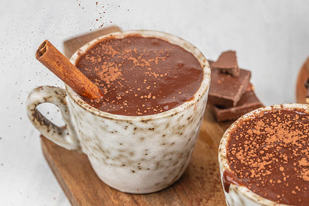 istock Hot thick chocolate served in a rustic ceramic mug with cinnamon and cocoa powder sprinkled on top, surrounded by chocolate pieces for a cozy dessert concept and warm winter food styling. 2249297267