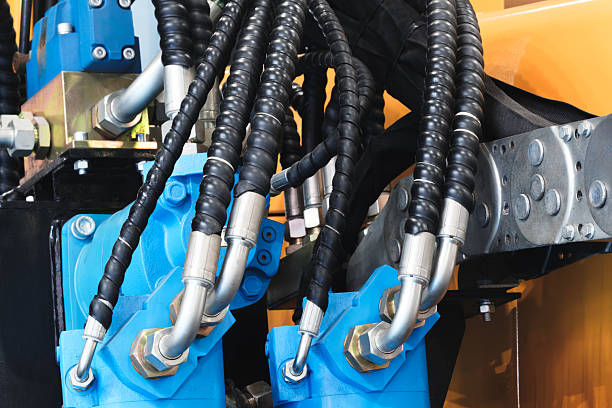 istock Hydraulic power drive hoses high pressure machine, industrial power concept background 2249299966