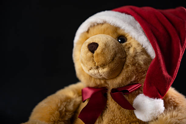 Cute little boy in a blue cozy robe, pajamas and a Santa Clause hat is standing in front of a Christmas tree holding out a teddy bear toy he unwrapped for the holiday.