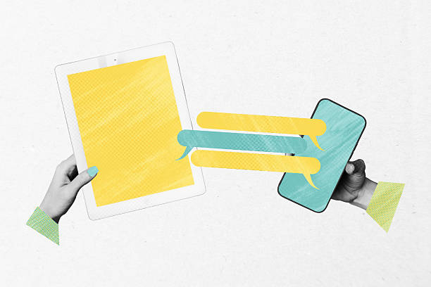 A human hand holding a mobile phone with an empty speech bubble and conversation chat through the mobile phone screen on a colored background. Collage art