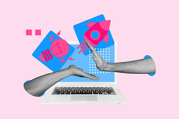istock Composite trendy magazine photo collage of hands hold pencil laptop programming light bulb blackout rocket launch startup 2249307378