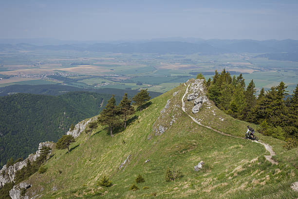 Young man mountain bikes along flow track on hilltop above valley, Ostra, Carpathian mountains