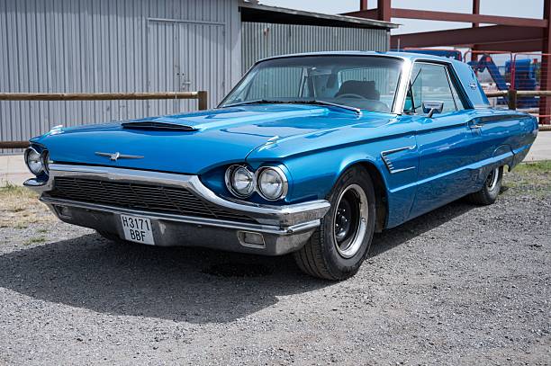 Osona, Spain – June 14, 2025: Front view of a stunning blue V8 luxury American classic car, a 1964-1966 fourth-generation Ford Thunderbird 