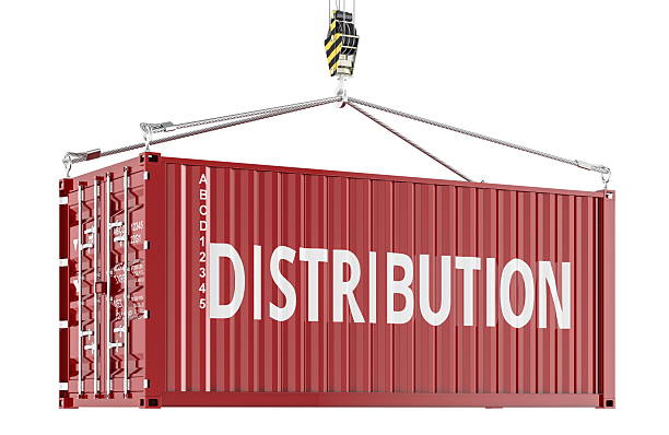 istock Distribution concept with red shipping container lifted by crane. 3D rendering 2249312726