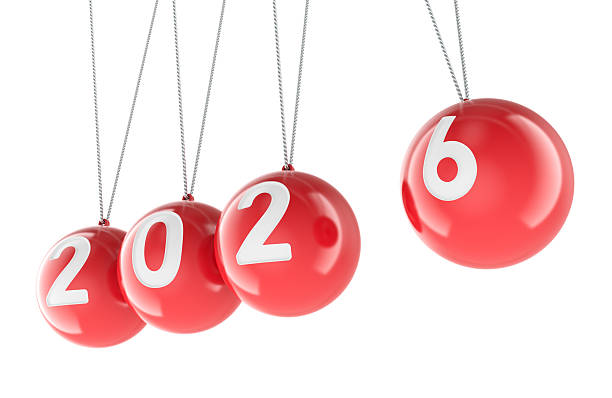 istock Red pendulum 2026 balls, new year concept. 3D rendering 2249312793