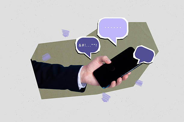 istock Image trend collage of hand hold object gadget with speech bubble text on grey background 2249314217