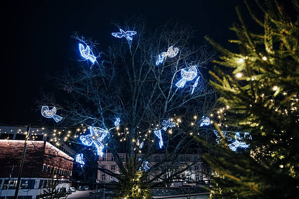 istock A leafless tree decorated with glowing blue bird-shaped Christmas lights and surrounded by string lights and evergreen trees in an urban winter night scene 2249316561