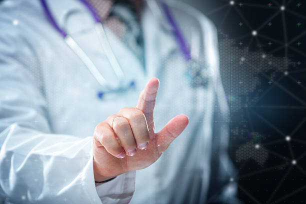 istock Doctor open palm on digital medical tech background 2249316786