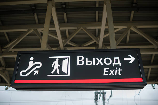istock Sign Indicating Exit Directions at a Public Transportation Station With Escalator and Pedestrian Symbols Shown 2249317745