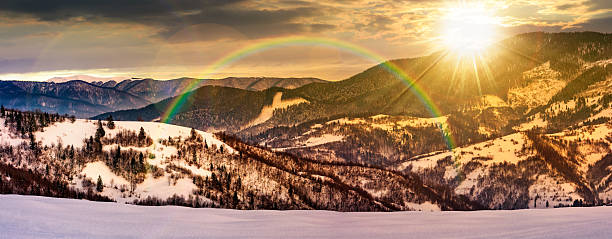 istock panorama with snowy forested hills in winter at sunset 2249318090