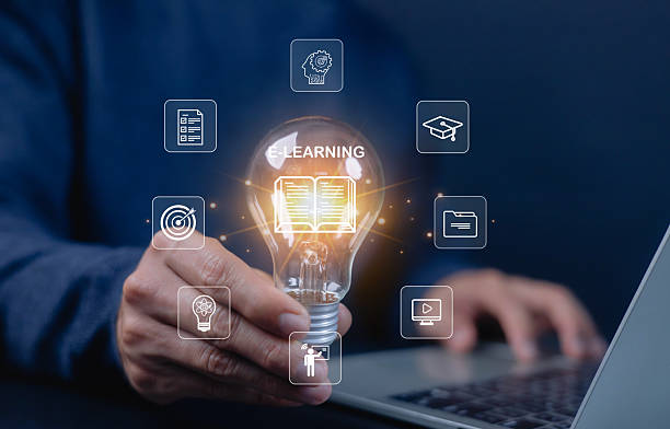 istock Innovative e-learning concept with glowing light bulb, digital education icons, and online learning technology representing modern knowledge, training, and virtual study solutions. 2249319283
