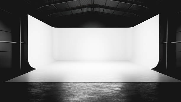 Empty photo studio setup with white cyclorama and concrete floor, ideal for photography and videography projects