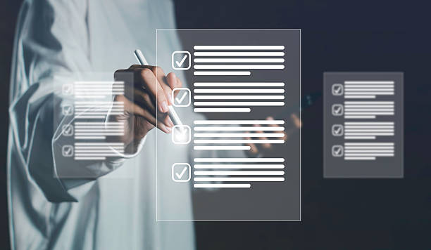 istock Online quiz and earning assessment concept with hand interacting with digital checklist on screen. Represents survey participation, digital evaluation, and data collection for decision-making. 2249319712