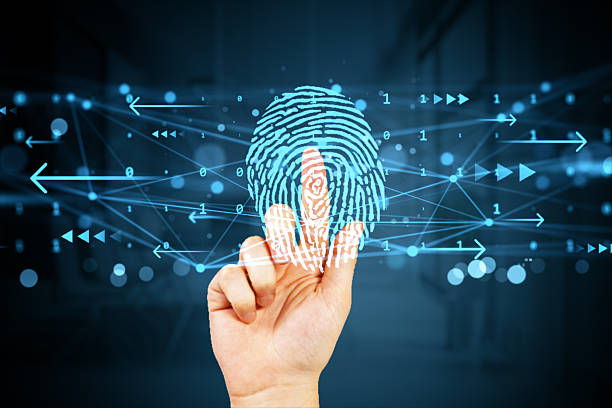 istock Finger touching digital fingerprint symbol with neon blue network lines on modern internet technology background in a virtual web interface scene. 2249320969