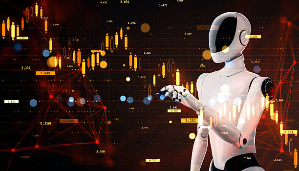 istock Futuristic humanoid robot analyzing financial stock market charts with glowing data points and digital trading candlestick graph interface. 3D Rendering 2249320983