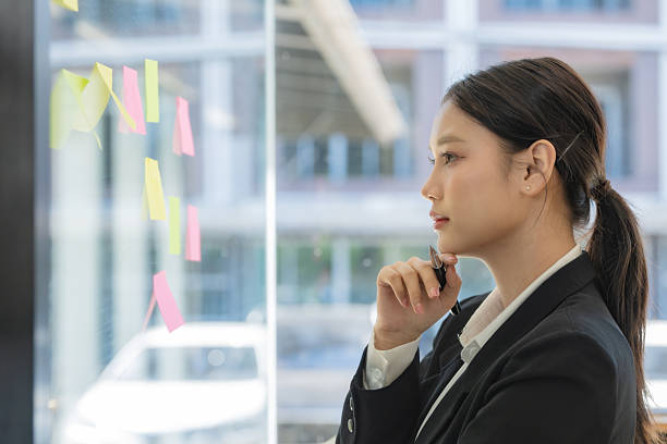 istock Confident businesswoman planning while looking at adhesive notes stuck on a glass wall. 2249322889