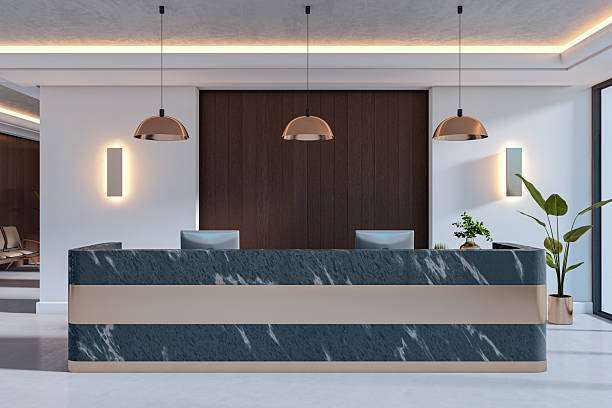 istock Modern corporate reception desk in stylish office interior with clean design and lighting, ideal for branding mockup or business presentation template. 3D Rendering 2249323019