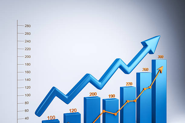 Blue 3D bar chart with rising arrow and orange data line on light gradient background. Concept of financial growth, success, and market analysis. 3D Rendering