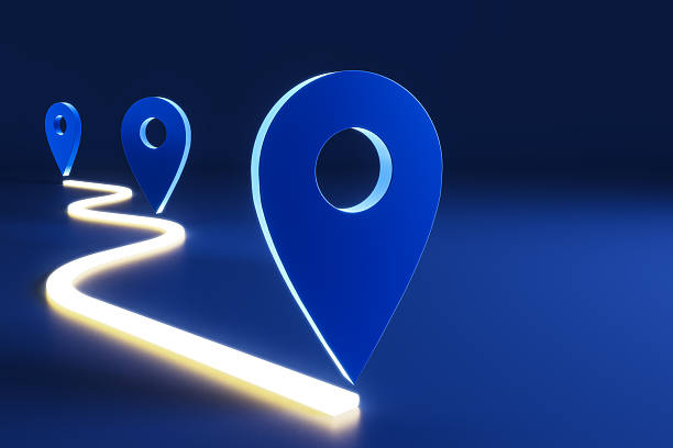 istock Glowing navigation path with blue location pins on dark abstract background illustrating travel or digital route planning concept in 3D Rendering. 3D Rendering 2249323097