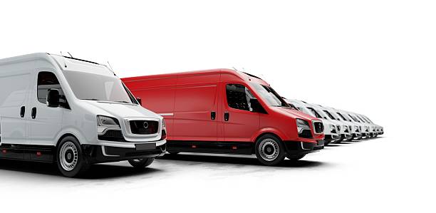 istock Red delivery van leading white vans in a diagonal line 2249327516