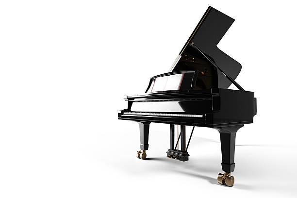 istock Open lid black grand piano angled on white background 2249327537
