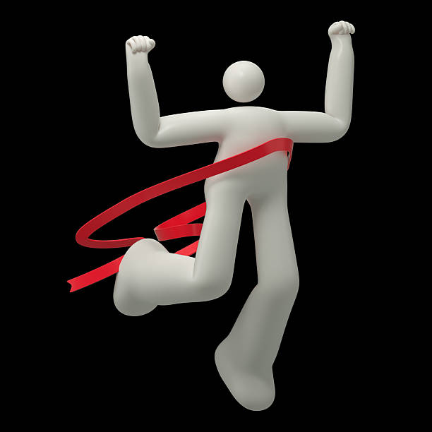 A 3D man in a suit breaks through a red ribbon, symbolizing achievement and success. 3D rendering, conceptual image. Isolated on white background.